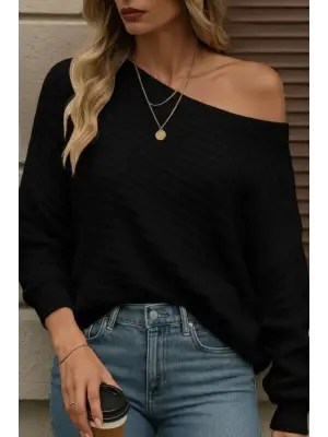 Kadın Uzun Kollu Tek Omuzu Açık Triko Bluz