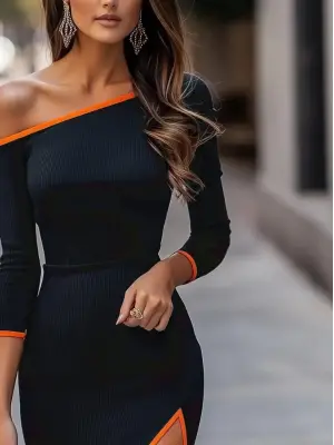 Modern Yandan Yırtmaçlı Midi Kaşkorse Elbise