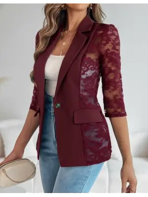 Kadın Uzun Kollu Truvakar Kol önden Düğmeli Cepli Dantelli Atlas Ceket