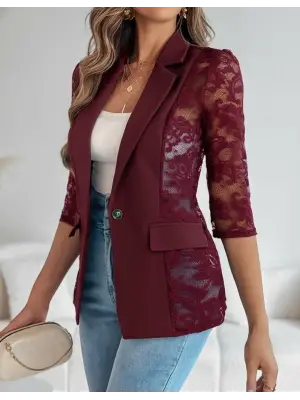 Kadın Uzun Kollu Truvakar Kol önden Düğmeli Cepli Dantelli Atlas Ceket