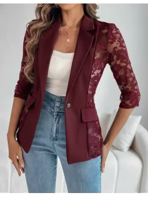 Kadın Uzun Kollu Truvakar Kol önden Düğmeli Cepli Dantelli Atlas Ceket