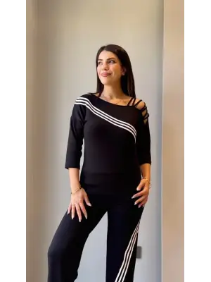Kadın Uzun Kollu Truvakar Kol Tek Omuz çapraz şerit Detaylı Ribanalı Viskon Iki Iplik Bluz Ve Pantolon Ikili Takım