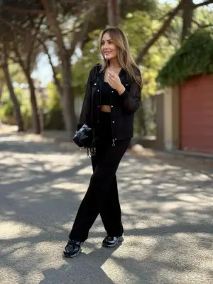 Kadın Uzun Kollu Tül Detaylı önü Düğmeli Viskon Iki Iplik Ceket Ve Pantolon Ikili Takım