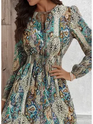 Kadın Uzun Kollu Uakadabağcıklı Beli Lastikli Desenli Uzun Süprem Elbise