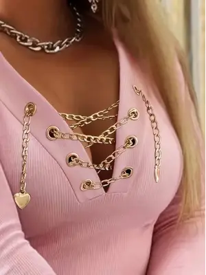 Kadın Uzun Kollu V çapraz Zincir Detaylı Kaşkorse Bluz