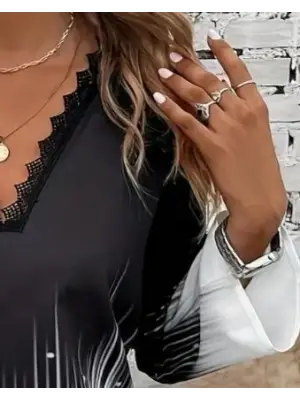 Kadın Uzun Kollu V Dantel Yaka Desenli Modal Bluz