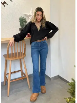 Kadın Uzun Kollu V Yaka Dantel Bluz