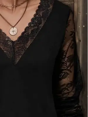 Kadın Uzun Kollu V Dantel Yakalı Viskon Bluz