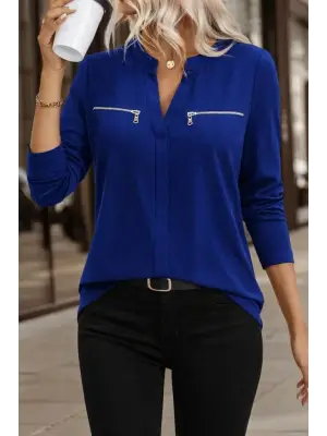 Kadın Uzun Kollu V Hakim Yaka Fermuar Detaylı Viskon Bluz