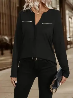 Kadın Uzun Kollu V Hakim Yaka Fermuar Detaylı Viskon Bluz