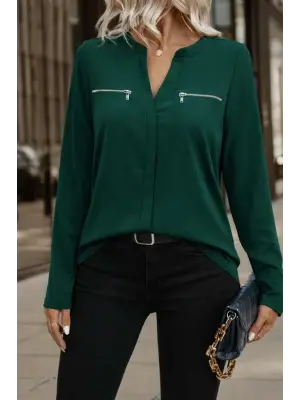 Kadın Uzun Kollu V Hakim Yaka Fermuar Detaylı Viskon Bluz