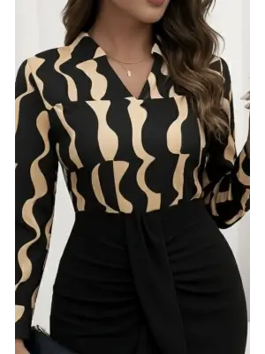 Kadın Uzun Kollu V Hakim Yakalı Desenli Dalgıç Bluz Ve önden Büzgülü Krep Ikili Takım