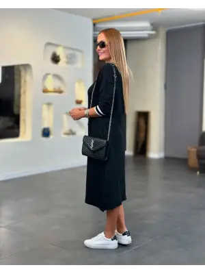 Kadın Uzun Kollu V Ribana Yakalı Yanlardan Yırtmaçlı Midi Viskon Iki Iplik Elbise