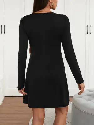 Kadın Uzun Kollu V şerit Yakalı Kısa Viskon Iki Iplik Elbise