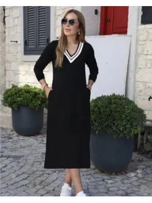 Kadın Uzun Kollu V şerit Yakalı Viskon Iki Iplik Elbise