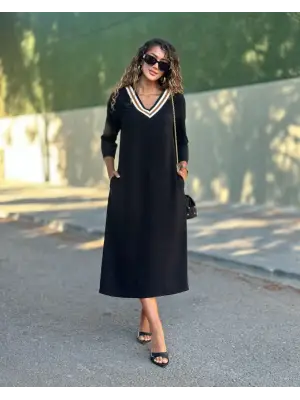Kadın Uzun Kollu V şerit Yakalı Viskon Iki Iplik Elbise