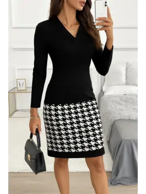 Kadın Uzun Kollu V Yaka Alt Tarafı Desenli Dalgıç Mini Boy Elbise