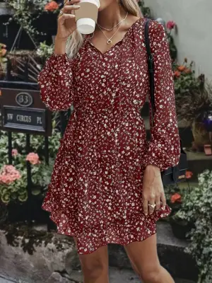 Kadın Bağcıklı V Yaka Gipeli Çiçekli Elbise