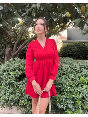 Kadın Uzun Kollu V Yaka Belden Hafif Pileli Scuba Krep Mini Boy Elbise