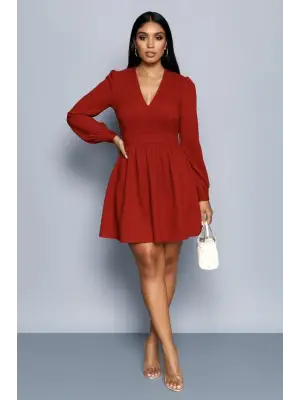 Kadın Uzun Kollu V Yaka Belden Hafif Pileli Scuba Krep Mini Boy Elbise