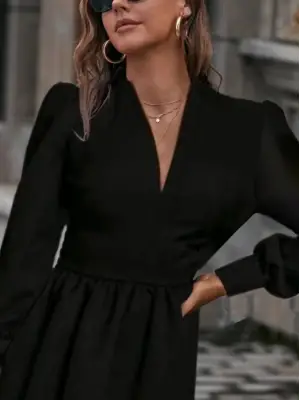 Kadın Uzun Kollu V Yaka Belden Hafif Pileli Scuba Krep Mini Boy Elbise