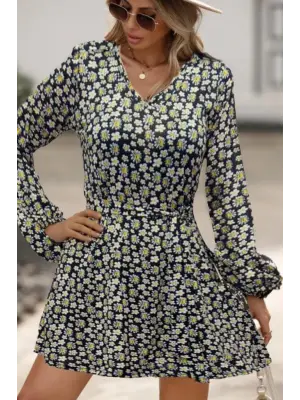 Kadın Uzun Kollu V Yaka çiçek Desenli Helen Kumaş Elbise