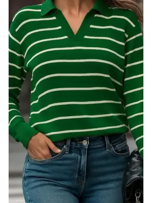 Kadın Uzun Kollu V Yaka çizgili Triko Bluz