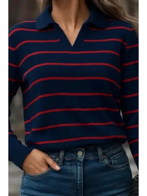 Kadın Uzun Kollu V Yaka çizgili Triko Bluz