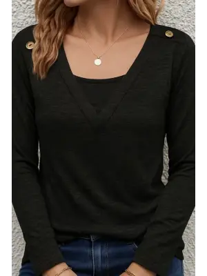 Kadın Uzun Kollu V Yaka Düğme Detaylı Yumoş Bluz