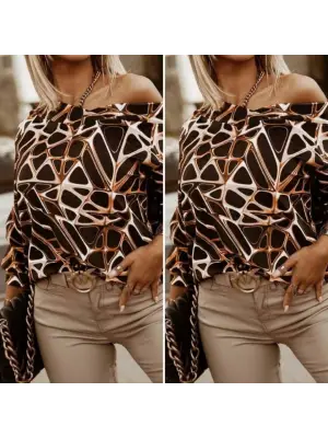 Modern Geometrik Desenli V Yaka Bluz