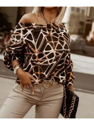 Kadın Uzun Kollu V Yaka Düşük Omuz Geometrik Desen şardonlu Dalgıç Bluz