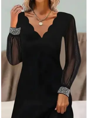 Kadın Uzun Kollu V Yaka Lazer Kesimli Tül Detaylı Mini Ithal Krep Elbise