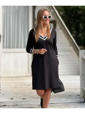 Kadın Uzun Kollu V Yaka şeritli Iki Iplik Salaş Elbise