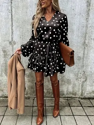 Kadın Uzun Kollu V Yakalı Belden Kuşaklı Puantiyeli Mini Modal Elbise