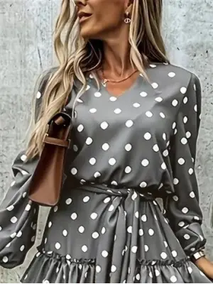 Kadın Uzun Kollu V Yakalı Belden Kuşaklı Puantiyeli Mini Modal Elbise