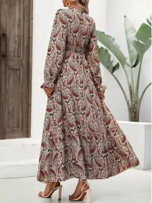 Kadın Uzun Kollu V Yakalı Beli Lastikli Desenli Süprem Elbise