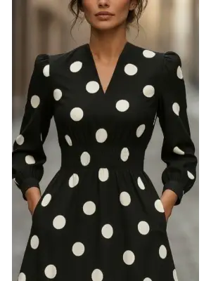 Kadın Uzun Kollu V Yakalı Beli Lastikli Puantiyeli Uzun Krep Elbise