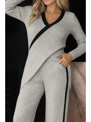 Kadın Uzun Kollu V Yakalı çapraz Detaylı şardonlu Kaşkorse Bluz Ve Pantolon Ikili Takım