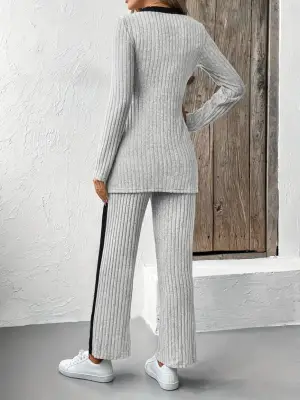 Kadın Uzun Kollu V Yakalı çapraz Detaylı şardonlu Kaşkorse Bluz Ve Pantolon Ikili Takım