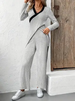 Kadın Uzun Kollu V Yakalı çapraz Detaylı şardonlu Kaşkorse Bluz Ve Pantolon Ikili Takım