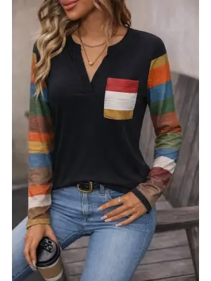 Kadın Uzun Kollu V Yakalı Cepli çok Renkli Viskon Bluz