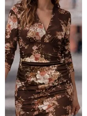 Kadın Uzun Kollu V Yakalı çiçek Desenli Dalgıç Mini Elbise