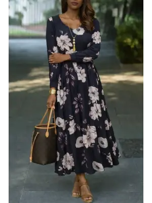Kadın Uzun Kollu V Yakalı çiçek Desenli Maxi Süprem Elbise