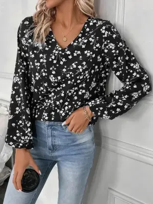 Kadın Uzun Kollu V Yakalı çiçek Desenli Modal Bluz