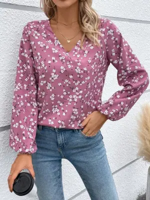 Kadın Uzun Kollu V Yakalı çiçek Desenli Modal Bluz