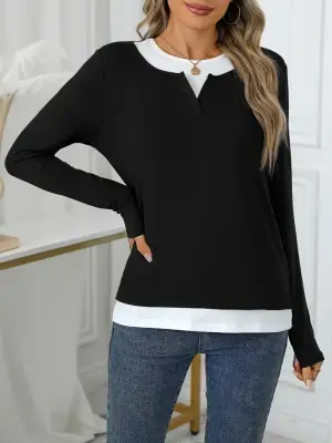Kadın Uzun Kollu V Yakalı çift Renkli Viskon Iki Iplik Bluz