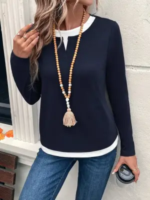 Kadın Uzun Kollu V Yakalı çift Renkli Viskon Iki Iplik Bluz