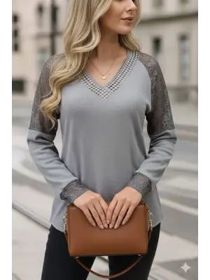 Kadın Uzun Kollu V Yakalı Dantelli Waffle Bluz
