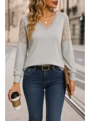 Kadın Uzun Kollu V Yakalı Dantelli Waffle Bluz