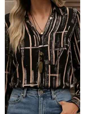 Kadın Uzun Kollu V Yakalı Desenli Dalgıç Bluz